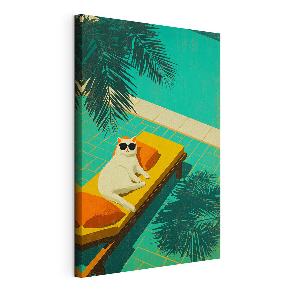 Kat die op een bed ligt, gespannen canvas met doorlopende rand
