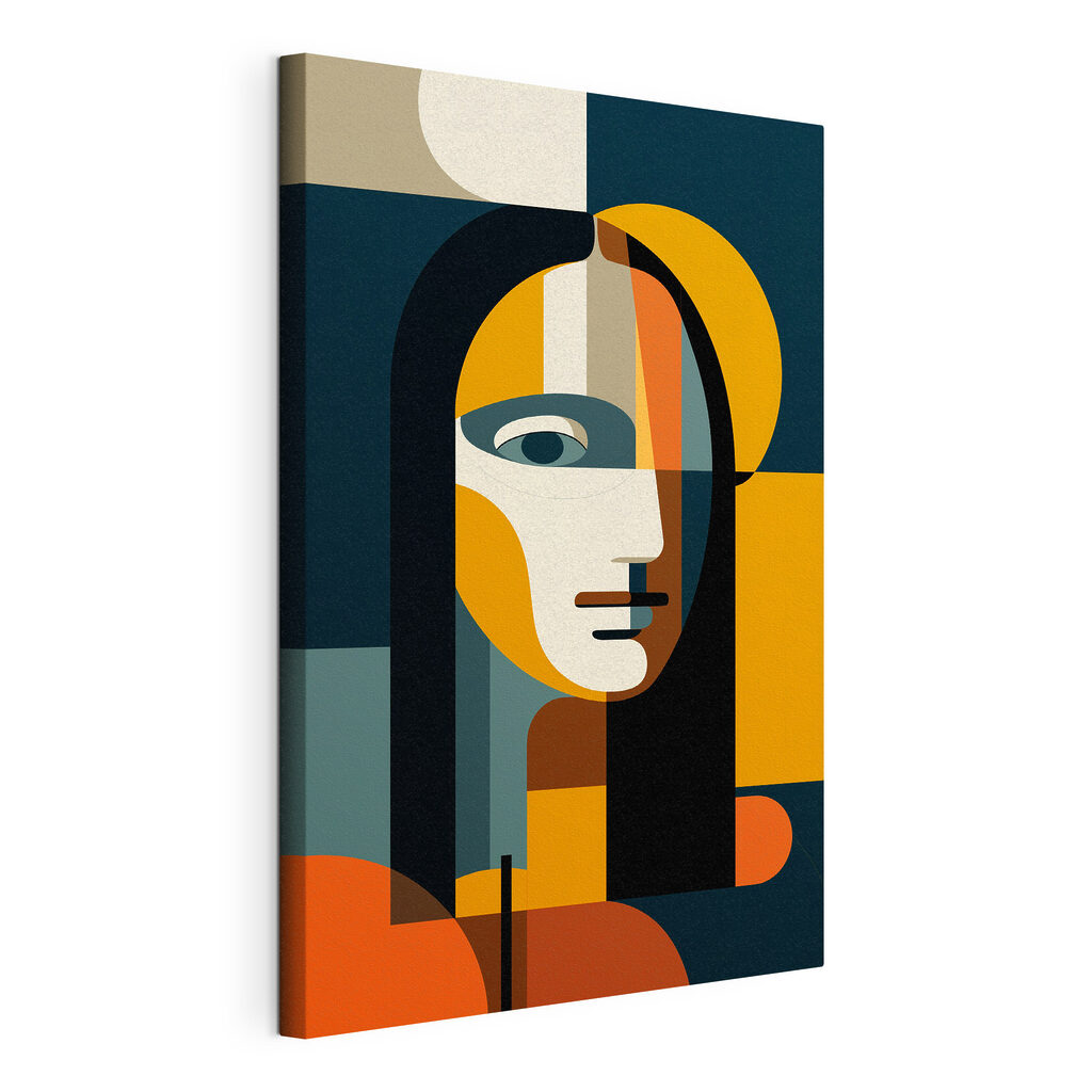 Het gezicht van een vrouw met lang haar, gespannen canvas met doorlopende rand