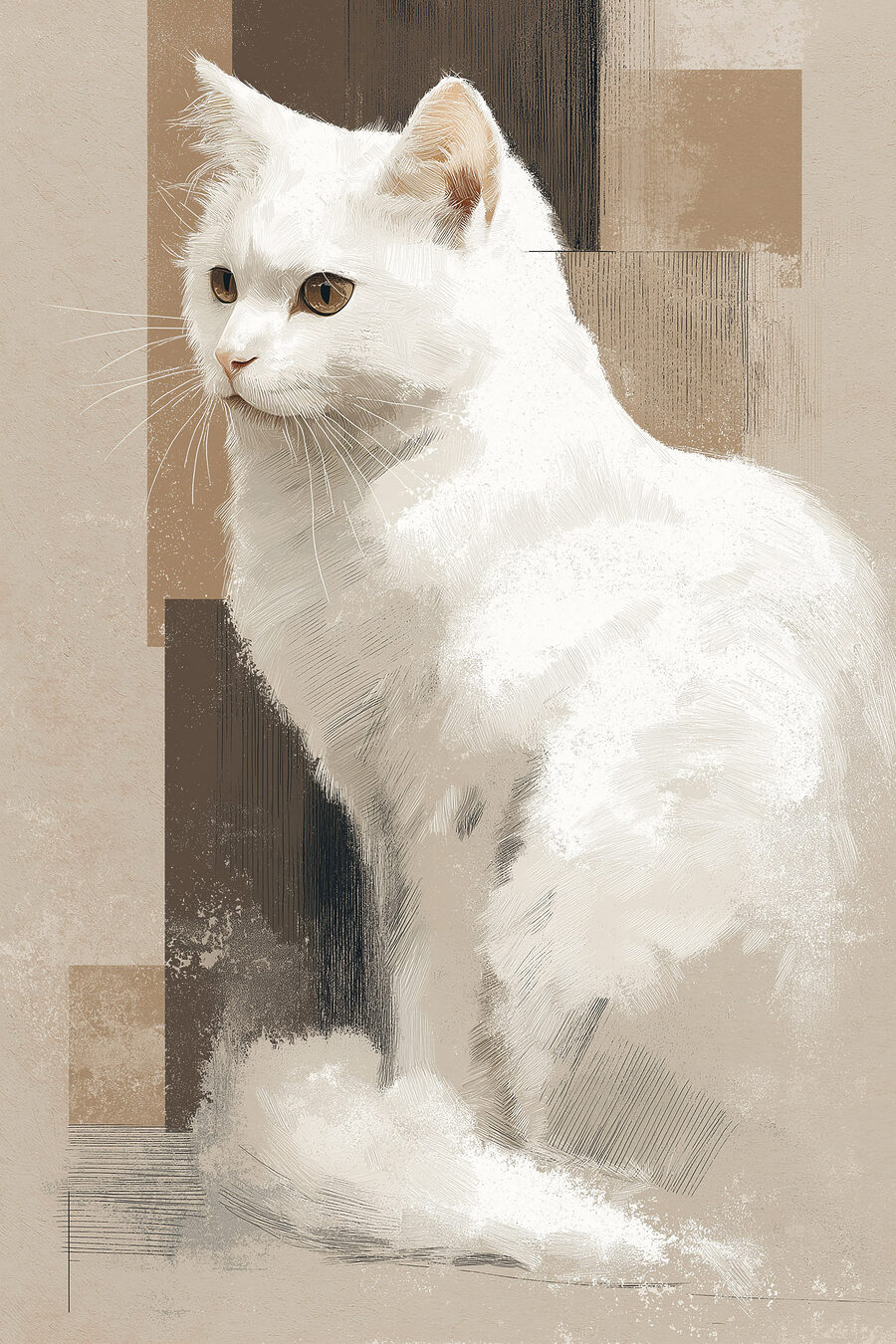 Witte kat die op een bruine ondergrond zit — volledig ontwerp