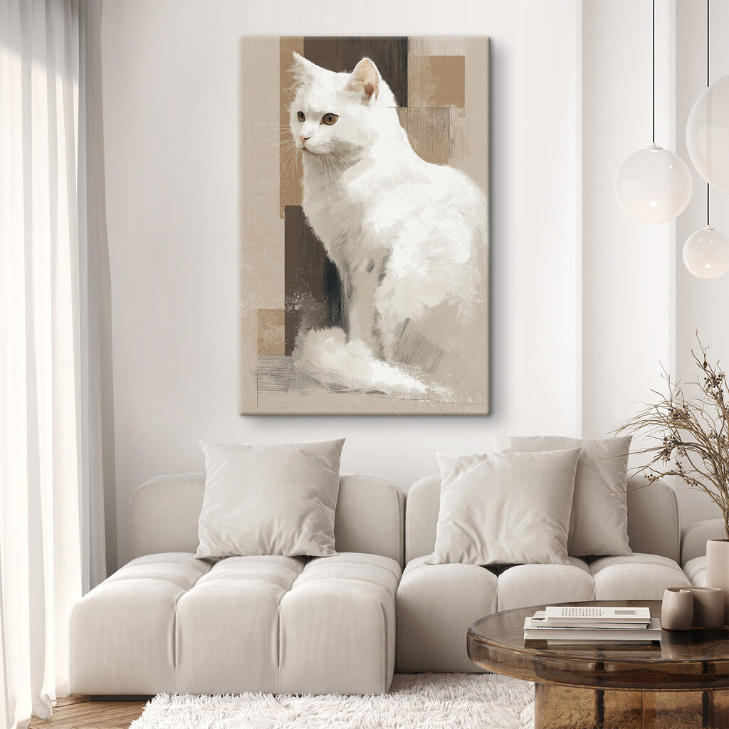 Witte kat die op een bruine ondergrond zit — interieur 1