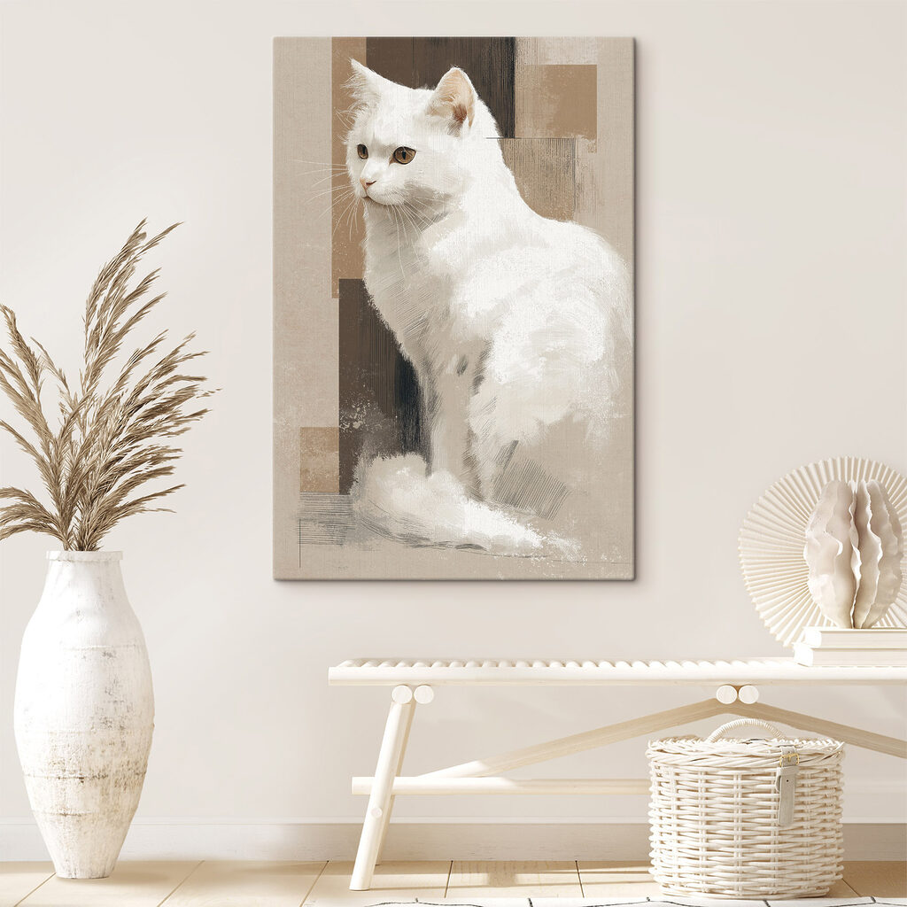 Witte kat die op een bruine ondergrond zit — interieur 2