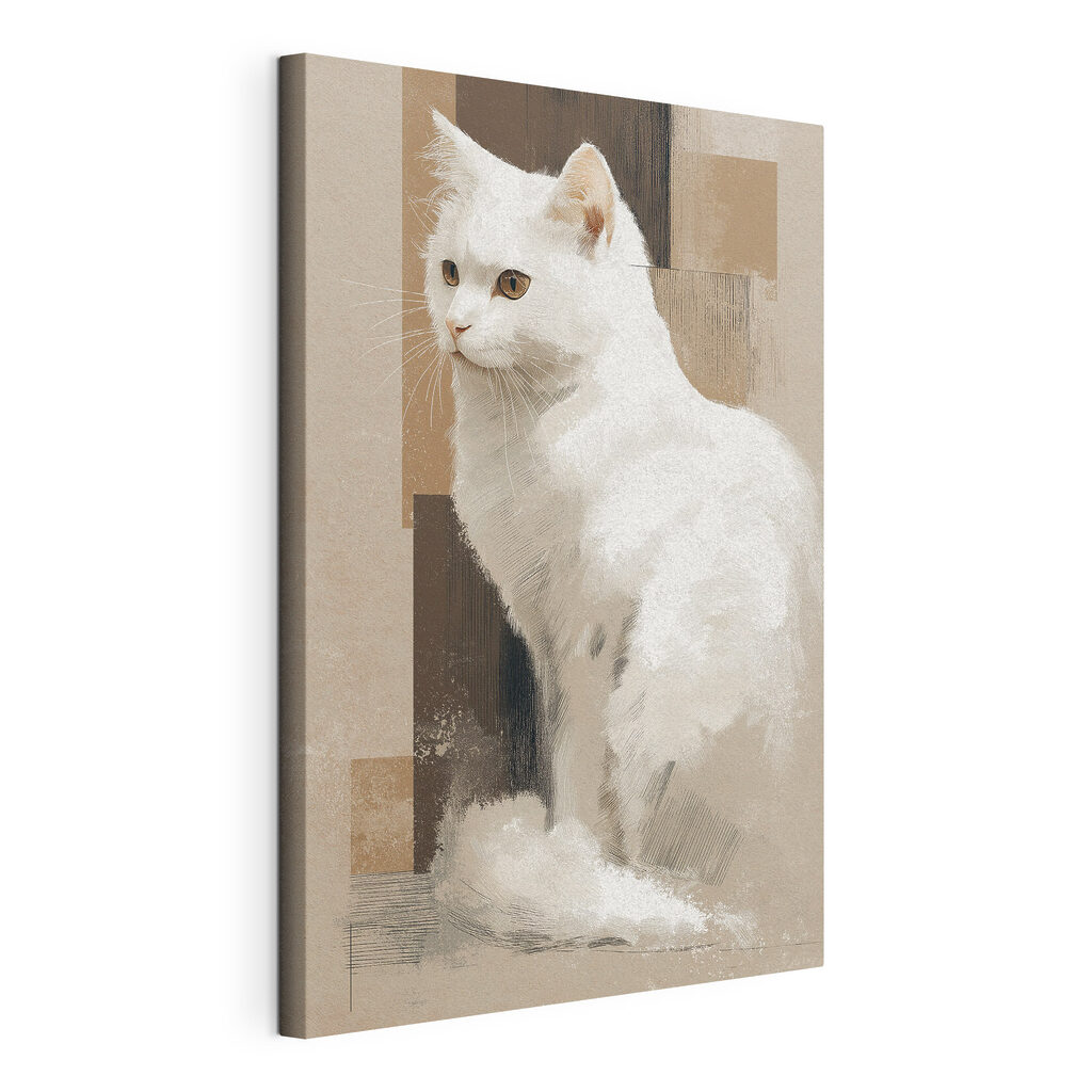 Witte kat die op een bruine ondergrond zit, gespannen canvas met doorlopende rand