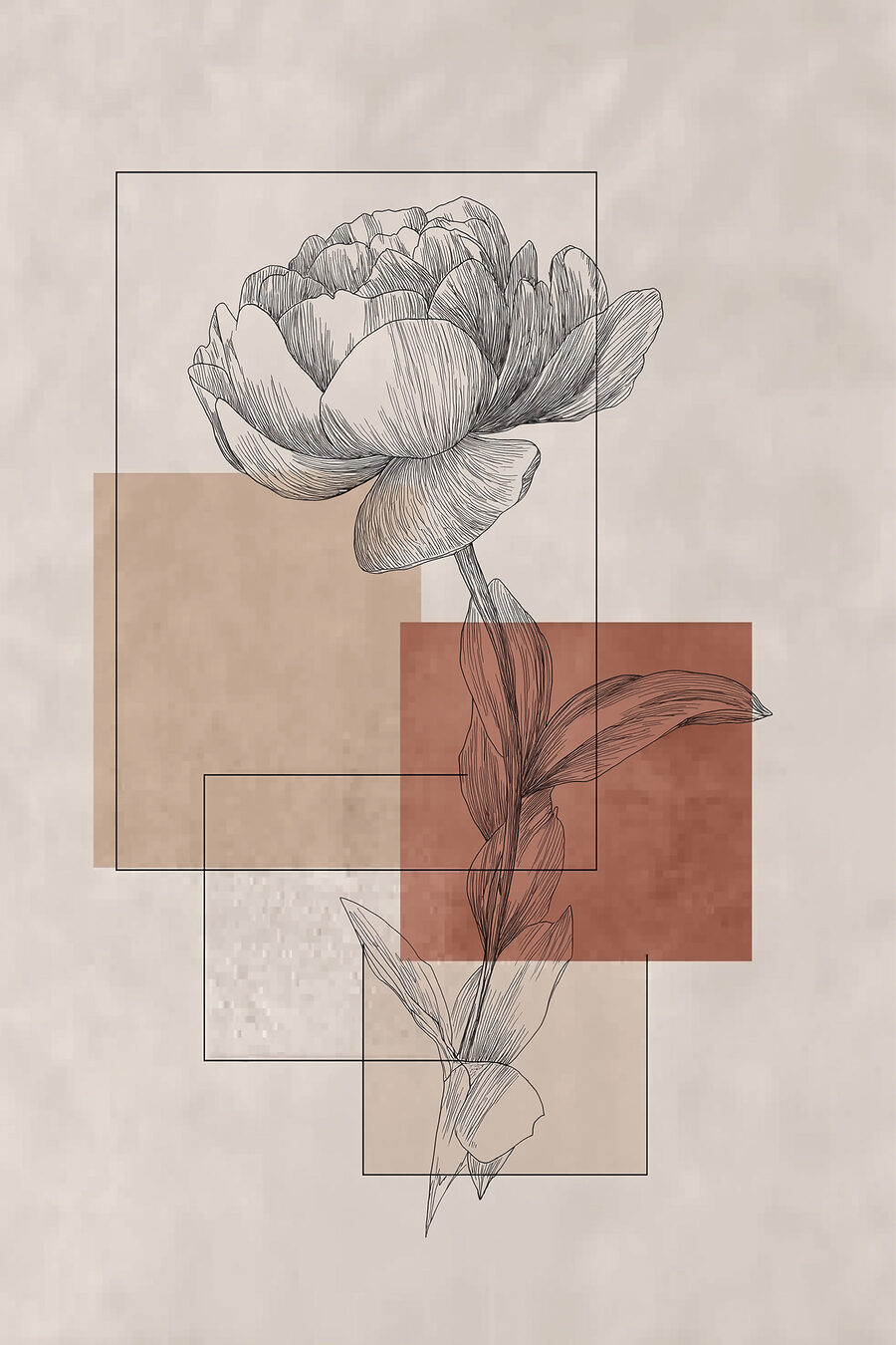 Bloem met een blad en vierkante vormen — volledig ontwerp