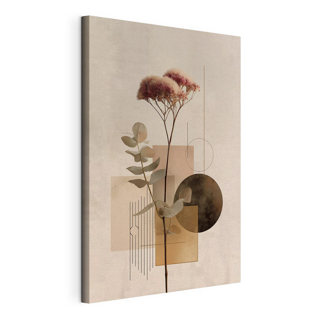 Plant met bladeren en cirkels, gespannen canvas met doorlopende rand