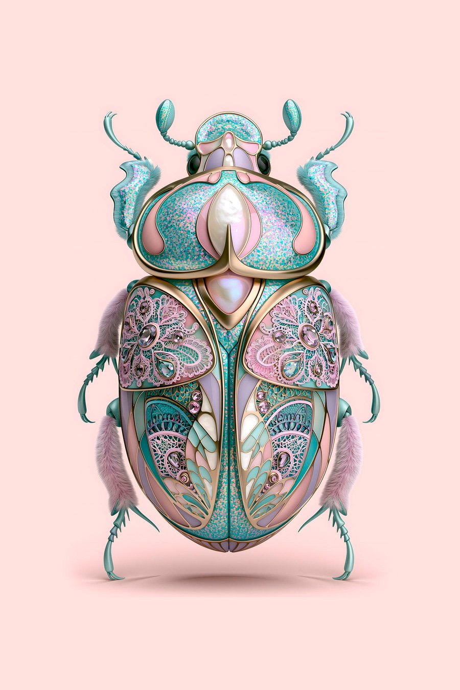 Een kever die is vormgegeven alsof het kostbare sieraden zijn, tegen een roze achtergrond — volledig ontwerp