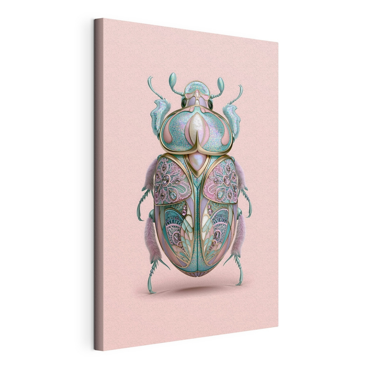 Een kever die is vormgegeven alsof het kostbare sieraden zijn, tegen een roze achtergrond, gespannen canvas met doorlopende rand