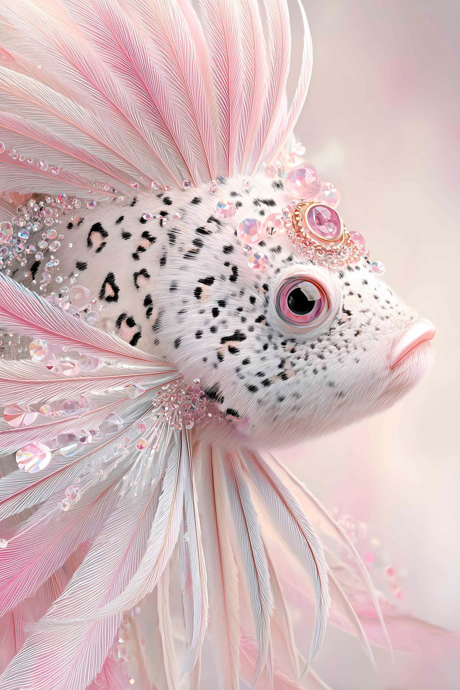 Een roze, surrealistische vis met versieringen — volledig ontwerp