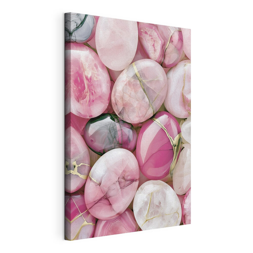 Groep roze en witte ovale stenen, gespannen canvas met doorlopende rand