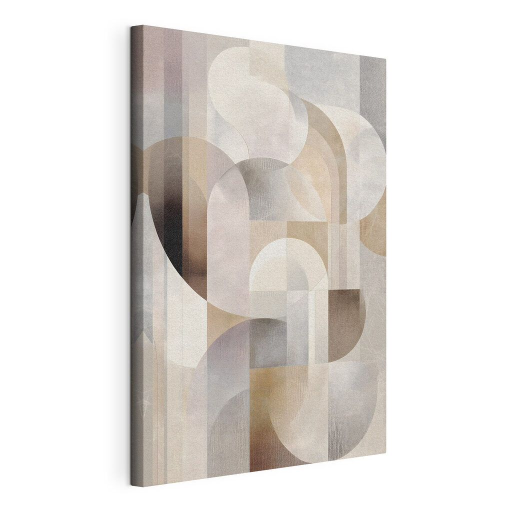Abstracte vormen in zachte kleuren, gespannen canvas met doorlopende rand