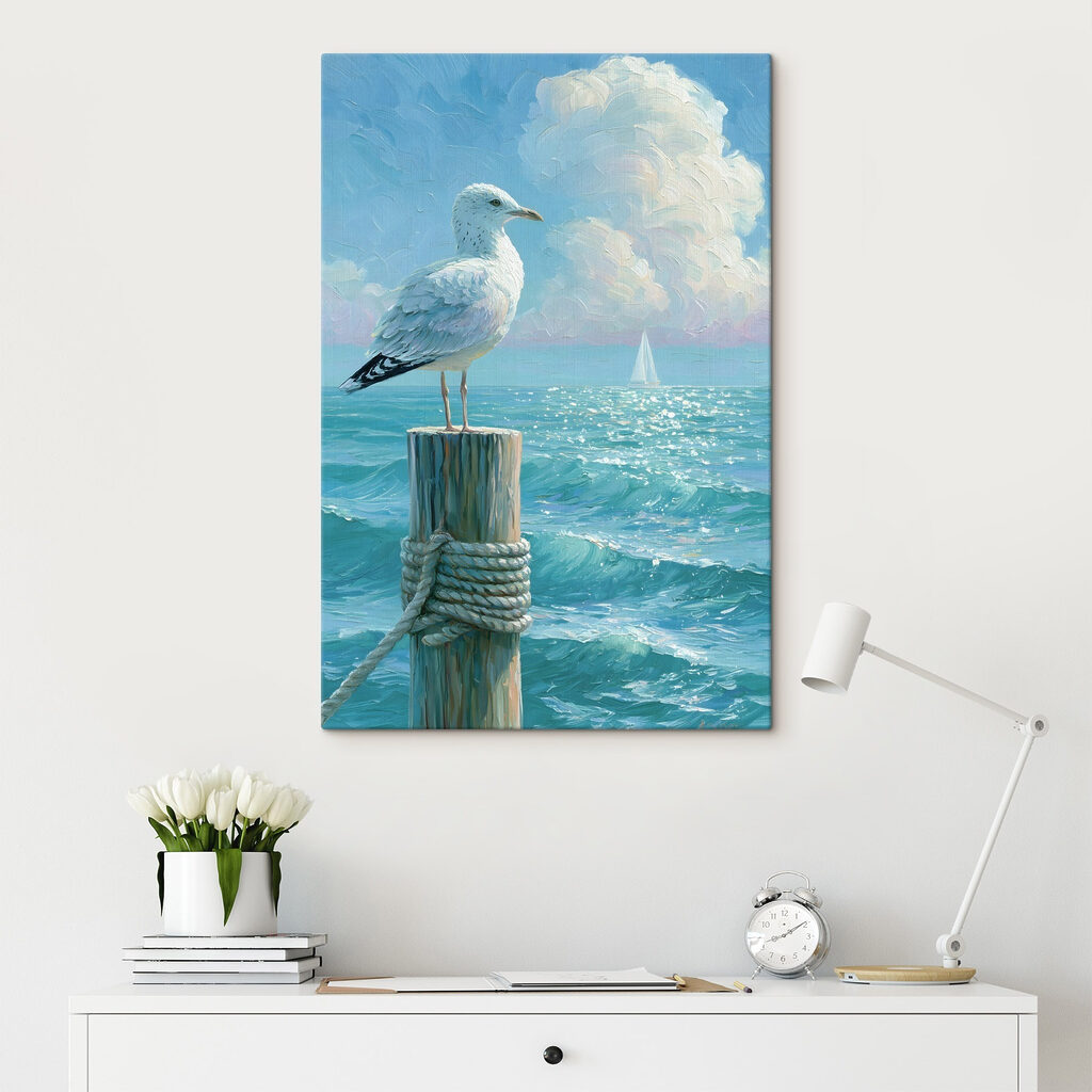 Vogel die op een paal voor een zeilboot staat — interieur 1