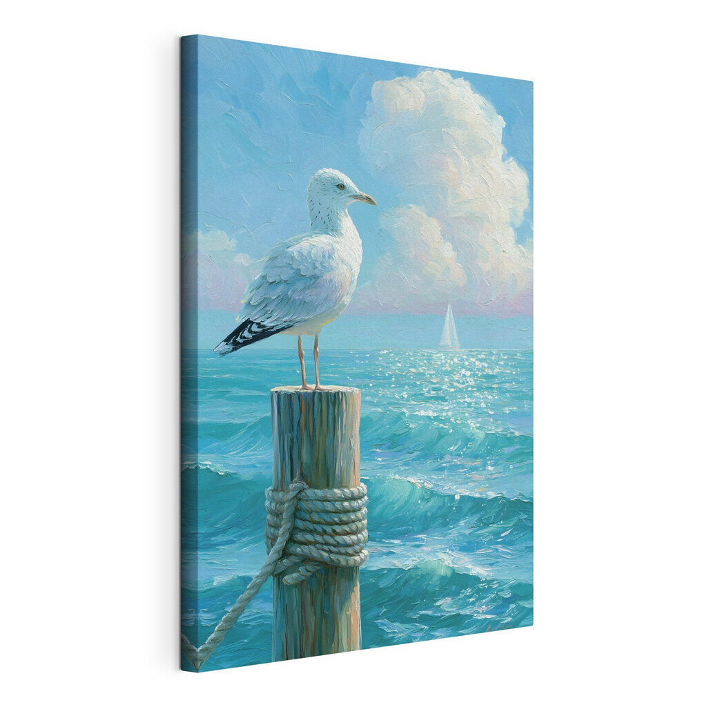 Vogel die op een paal voor een zeilboot staat, gespannen canvas met doorlopende rand