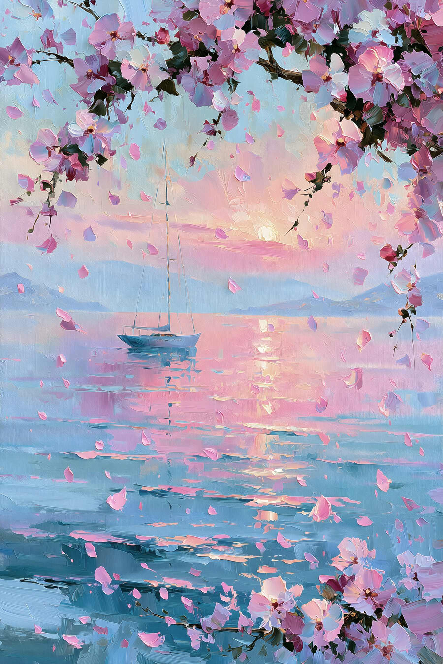 Schilderij van een zeilboot op een rustig wateroppervlak met roze bloemen — volledig ontwerp