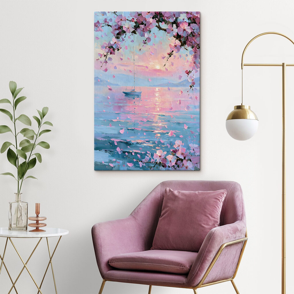 Schilderij van een zeilboot op een rustig wateroppervlak met roze bloemen — interieur 2