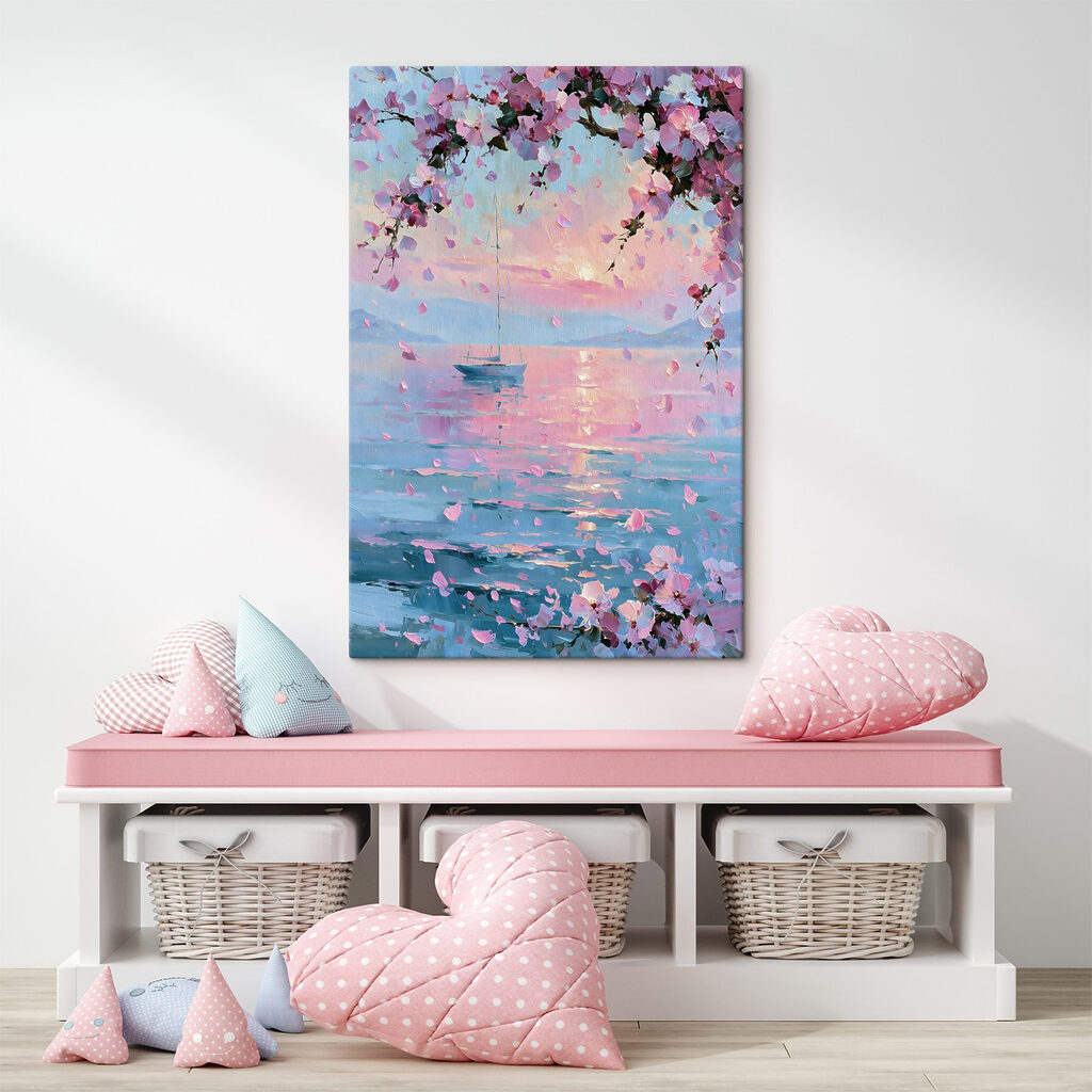 Schilderij van een zeilboot op een rustig wateroppervlak met roze bloemen — interieur 1