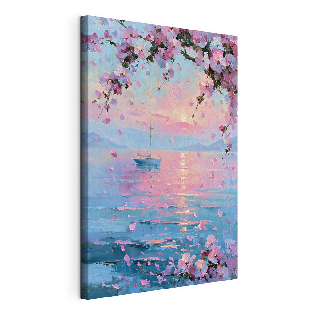 Schilderij van een zeilboot op een rustig wateroppervlak met roze bloemen — productweergave