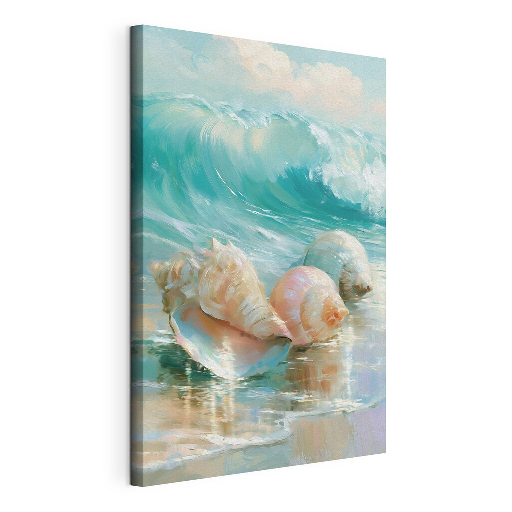 Een groep schelpen op het strand, gespannen canvas met doorlopende rand