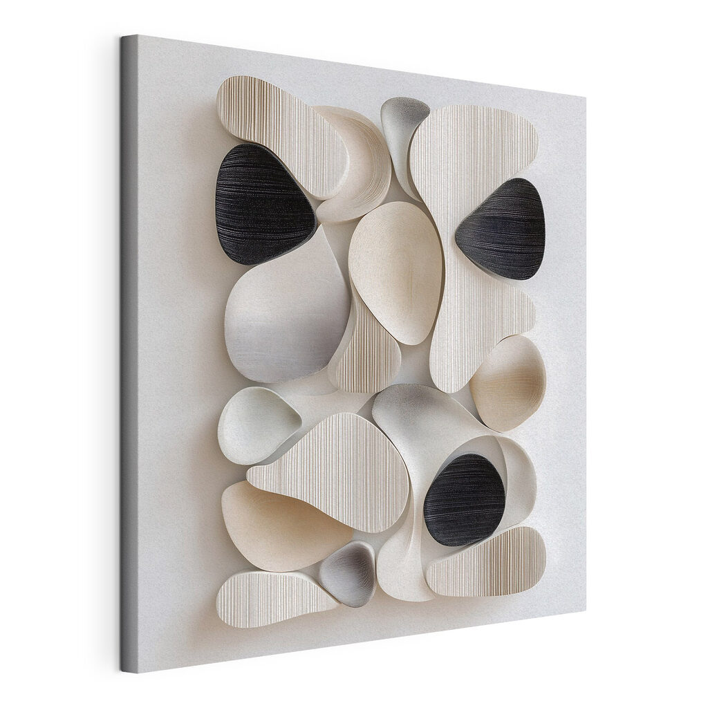 Abstracte vormen in zachte tinten, gespannen canvas met doorlopende rand