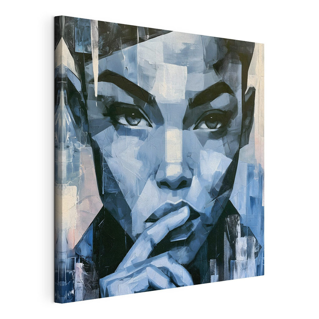 Schilderij van een vrouw die haar vinger op haar mond houdt, gespannen canvas met doorlopende rand