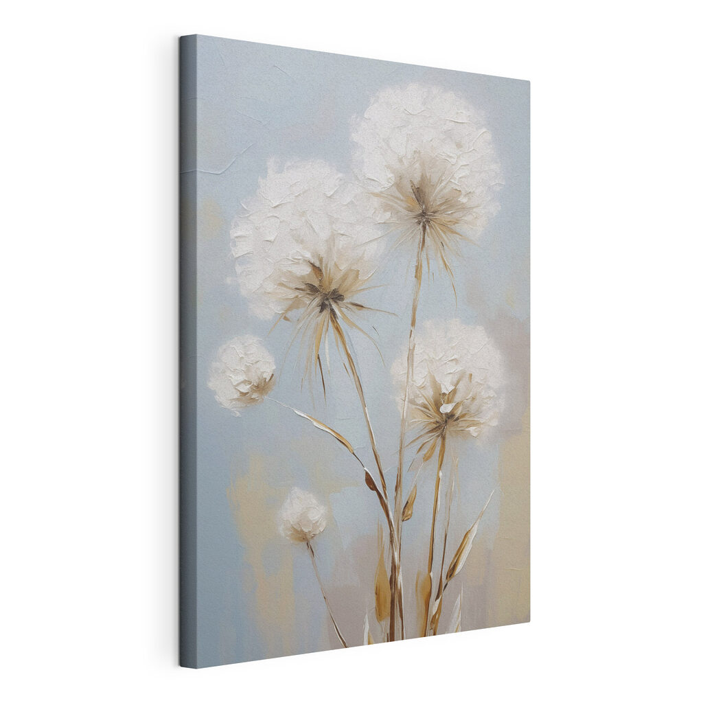 Schilderij van bloemen op een blauwe achtergrond, gespannen canvas met doorlopende rand