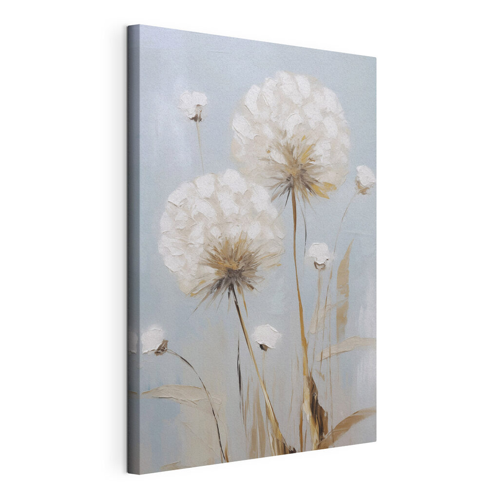 Schilderij van bloemen op een blauwe achtergrond, gespannen canvas met doorlopende rand