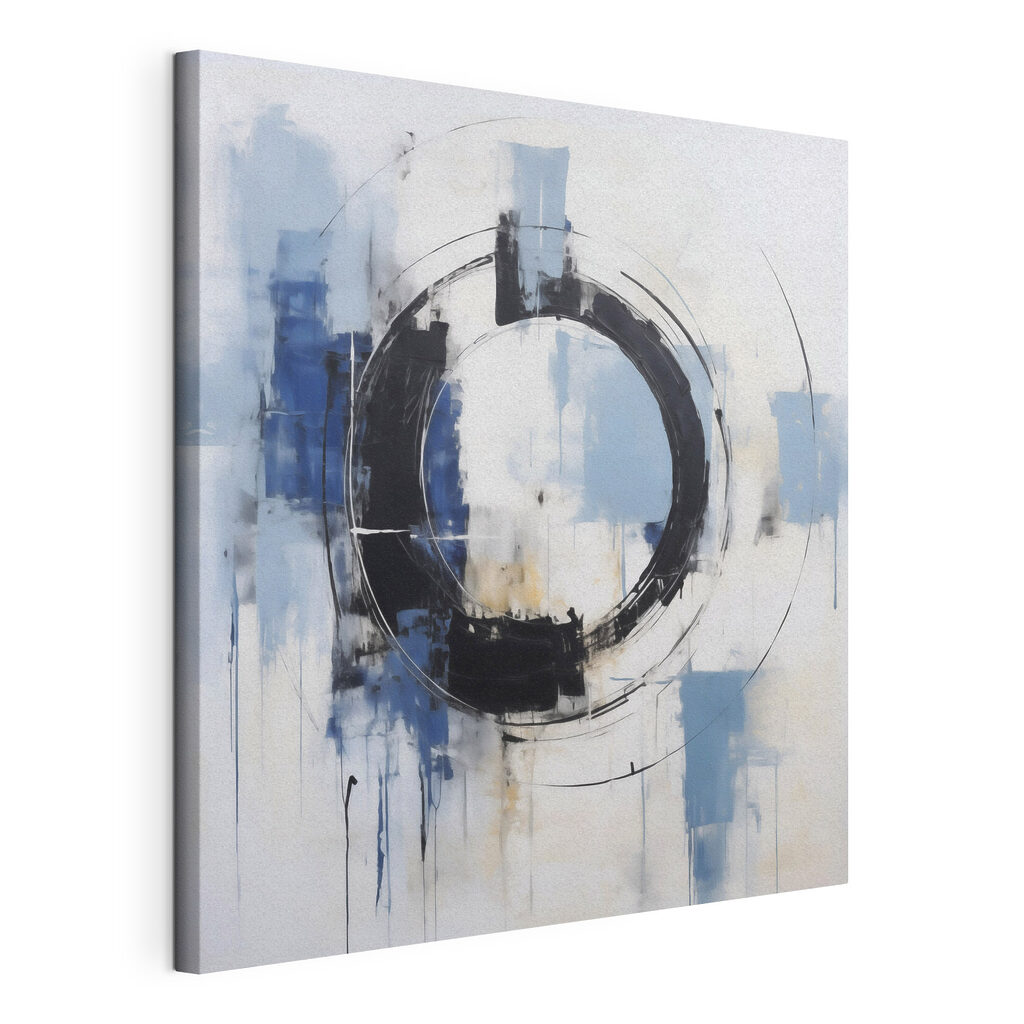 Een cirkel schilderen met blauwe en witte verf, gespannen canvas met doorlopende rand