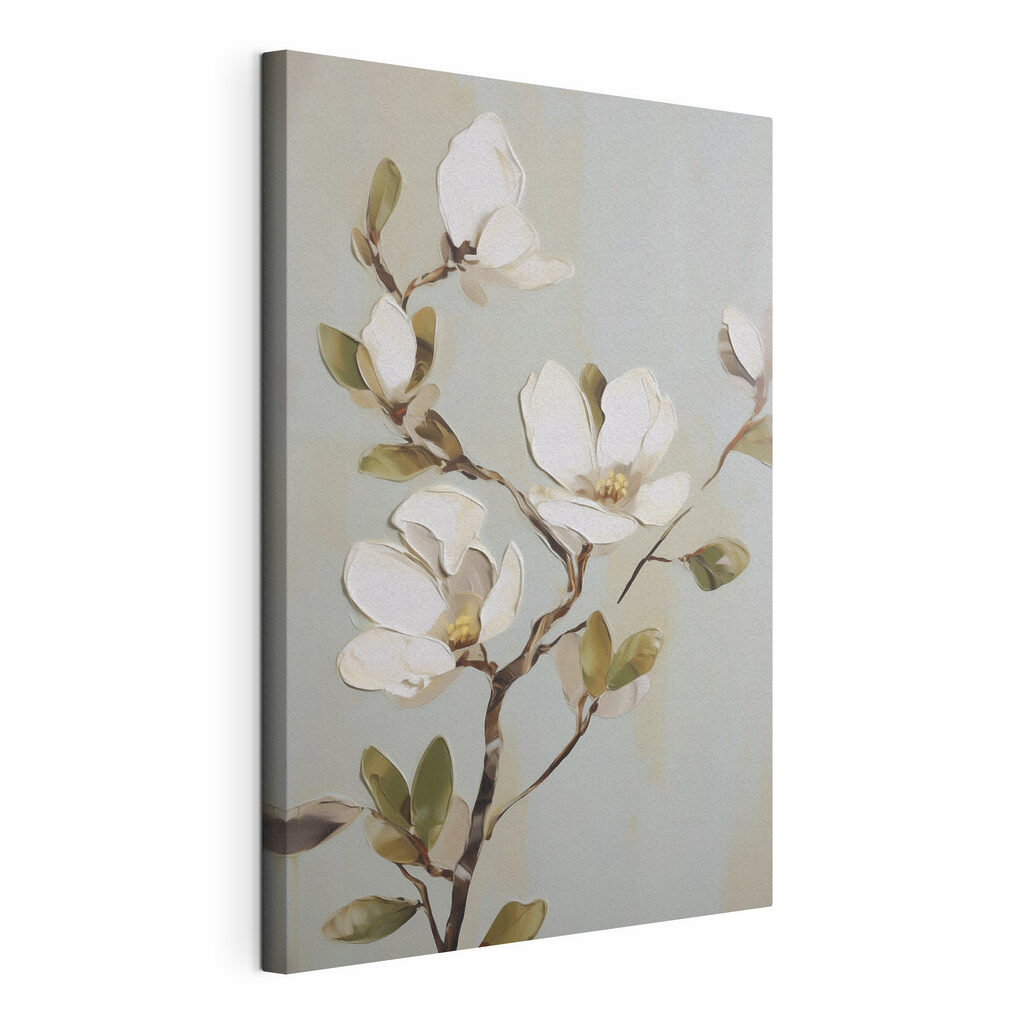 Schilderij van een witte bloem, gespannen canvas met doorlopende rand