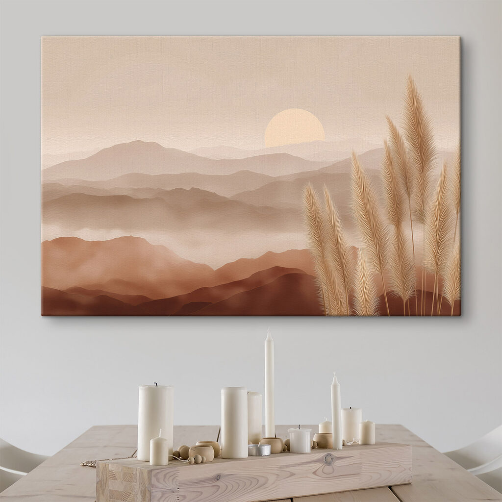 Landschap met bergen en gras in een interieur