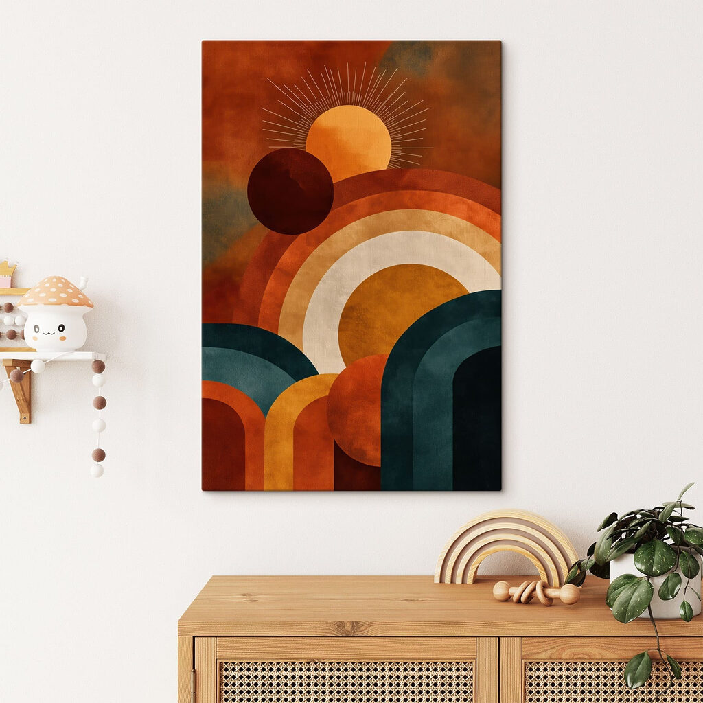 Zon en regenbogen aan een rode en blauwe hemel — interieur 1