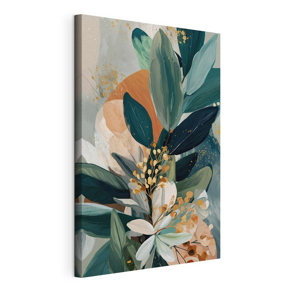 Schilderij van bladeren en bloemen, gespannen canvas met doorlopende rand