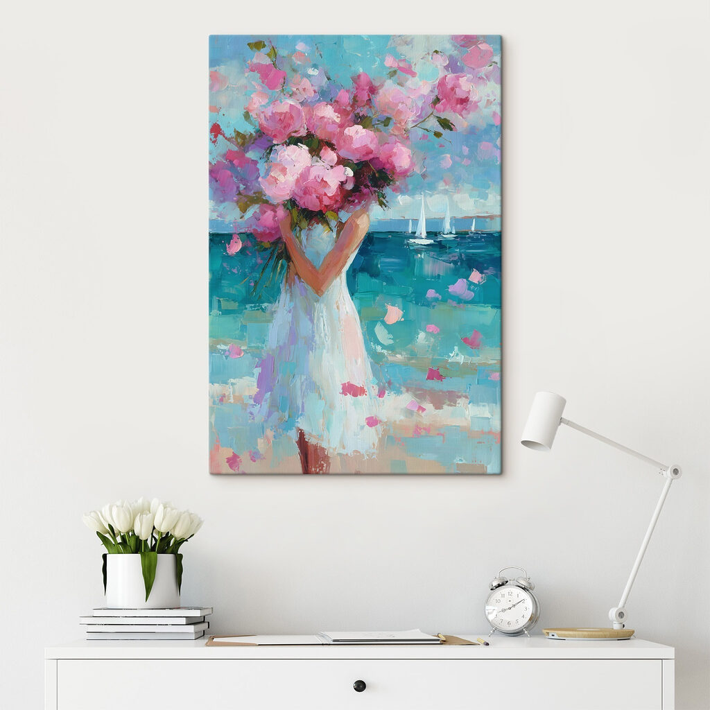 Schilderij van een vrouw met een boeket bloemen in haar handen in een interieur