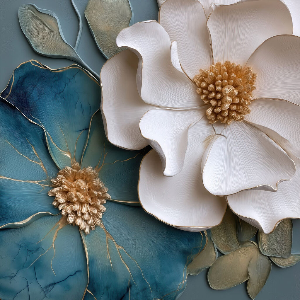 Witte bloem naast blauw — volledig ontwerp
