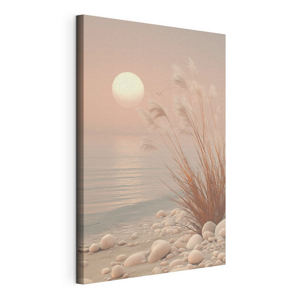 Zon boven een kiezelstrand, gespannen canvas met doorlopende rand