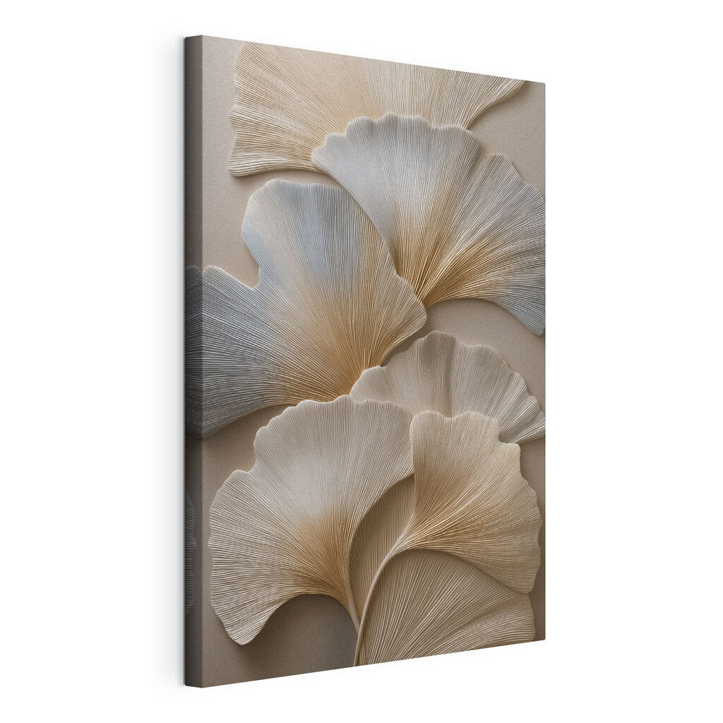 Witte ginkgo in ribbelreliëf, gespannen canvas met doorlopende rand