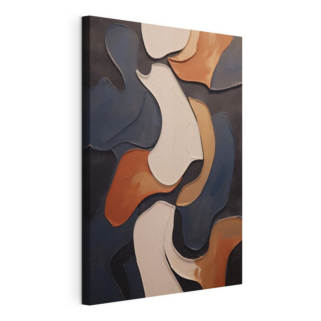 Donkere vormen met terracotta, gespannen canvas met doorlopende rand