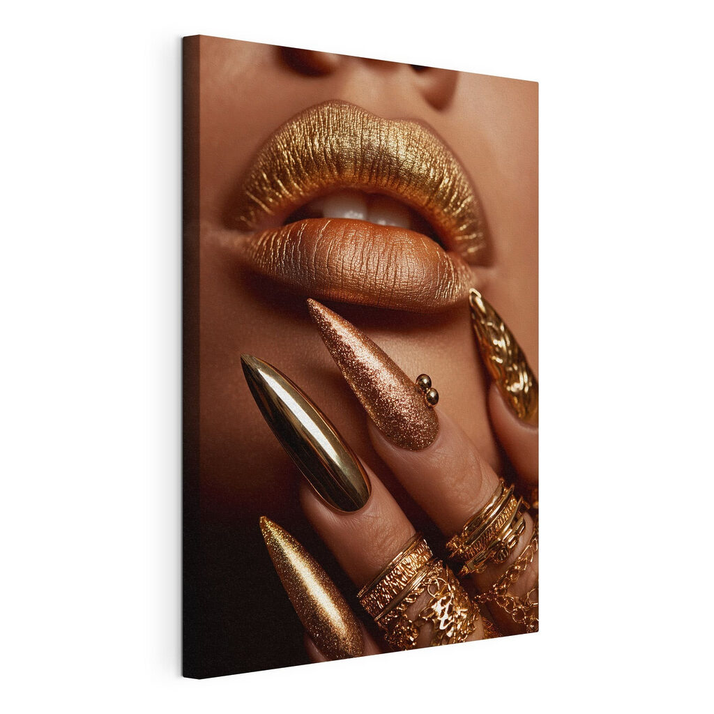 Gouden lippen en nagels, gespannen canvas met doorlopende rand