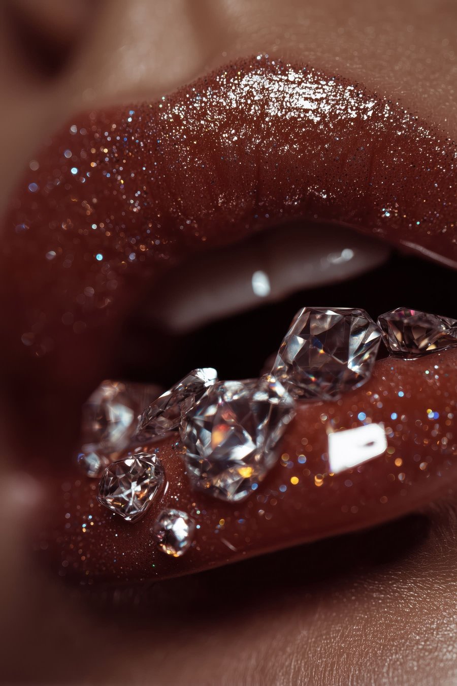 Close-up van glanzende lippen met doorzichtige kristallen — volledig ontwerp