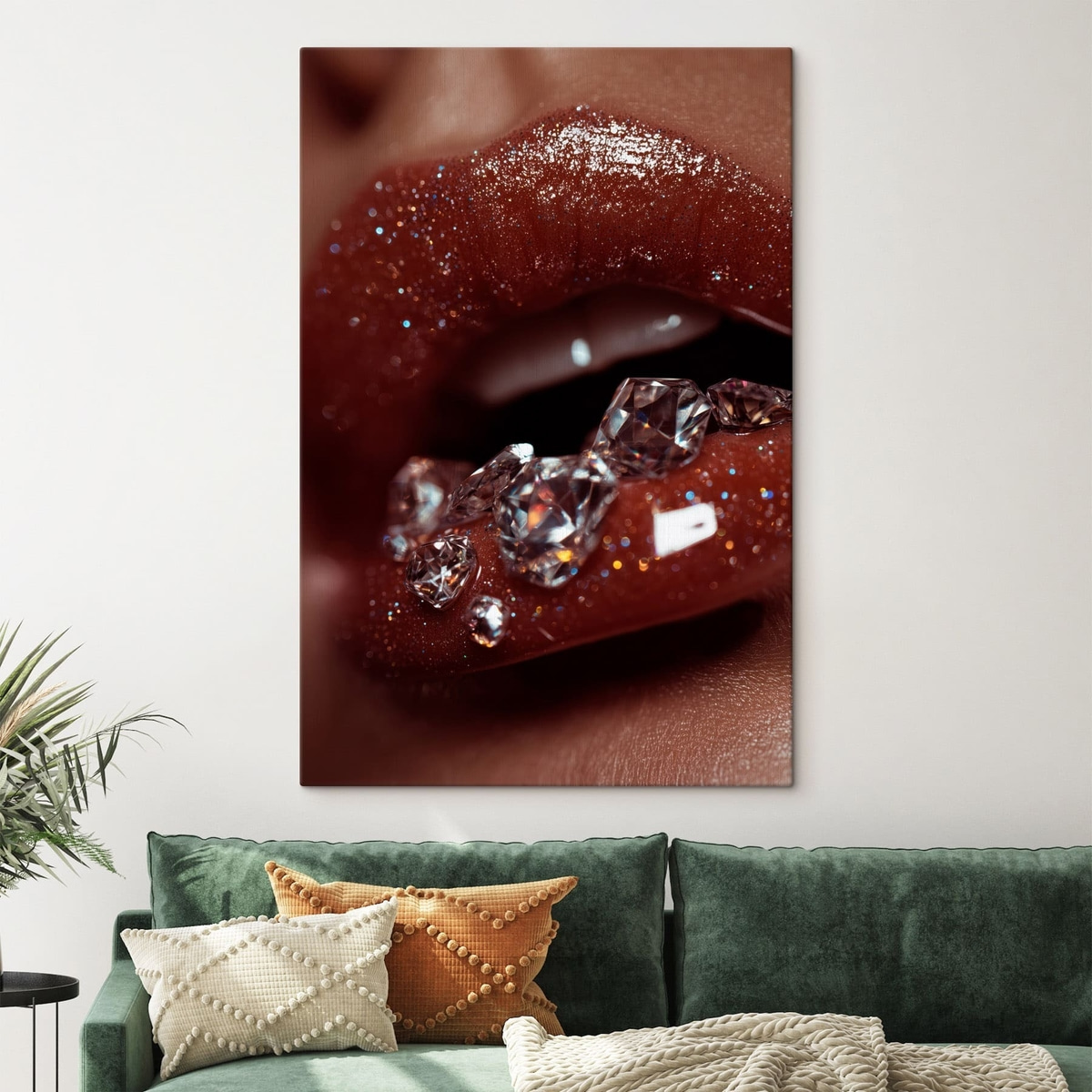Close-up van glanzende lippen met doorzichtige kristallen — interieur 1
