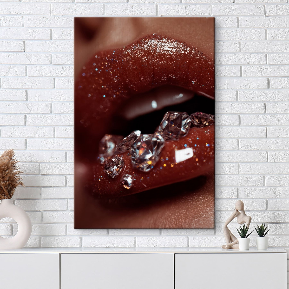 Close-up van glanzende lippen met doorzichtige kristallen — interieur 3