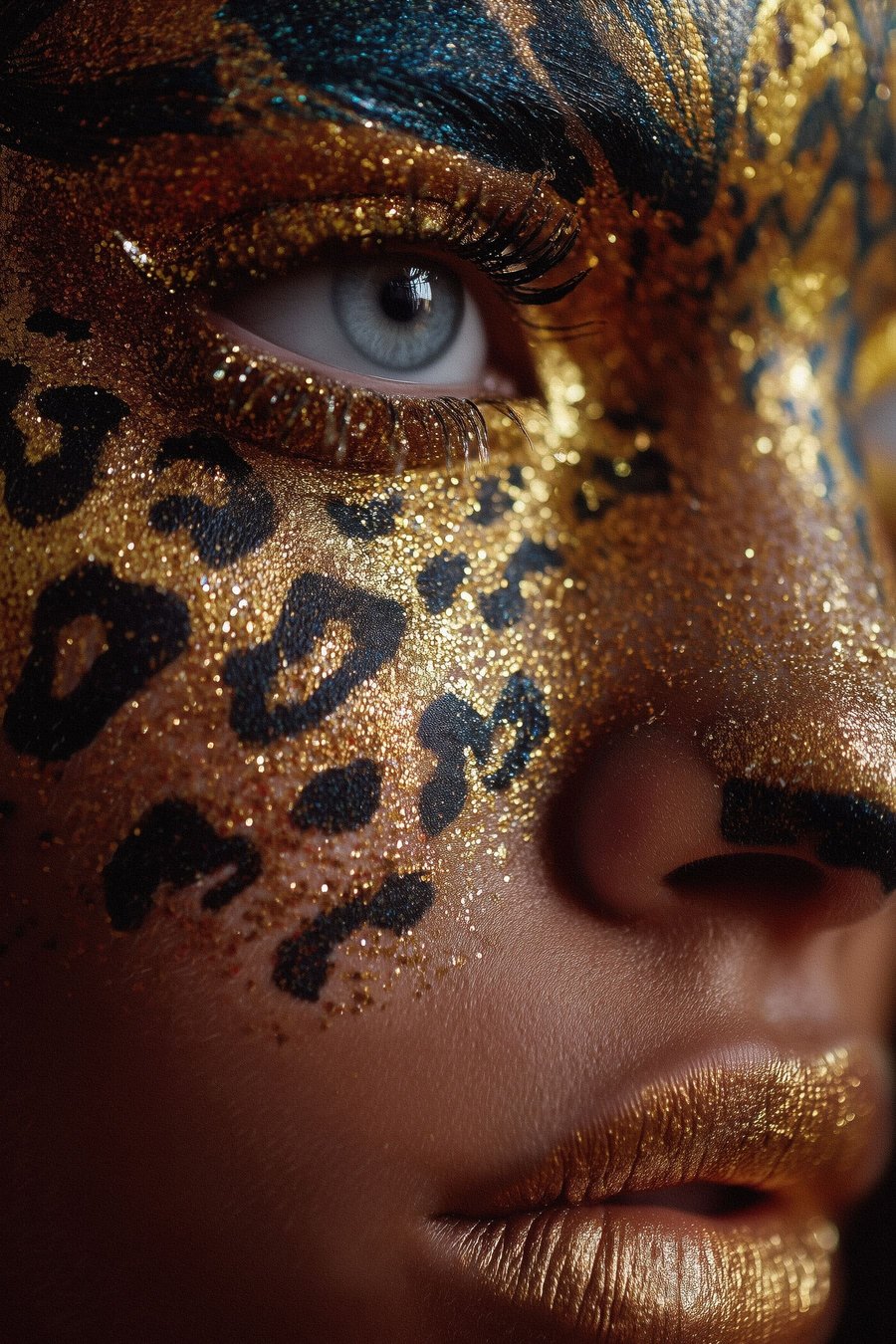 Close-upportret met glanzende make-up in dierenprint — volledig ontwerp