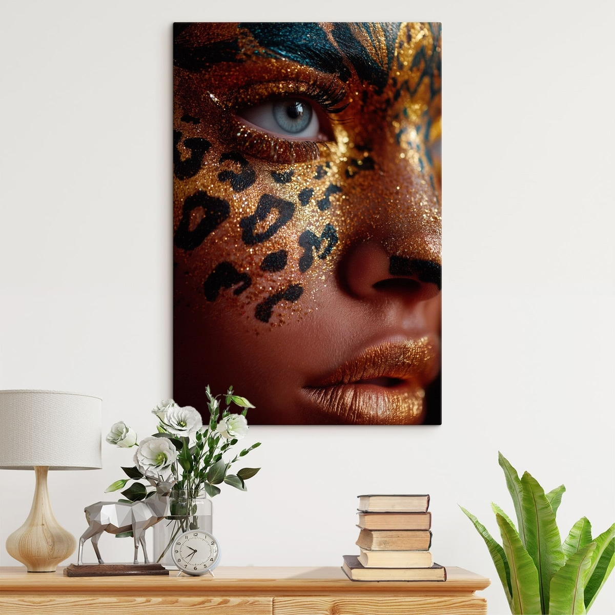 Close-upportret met glanzende make-up in dierenprint — interieur 1