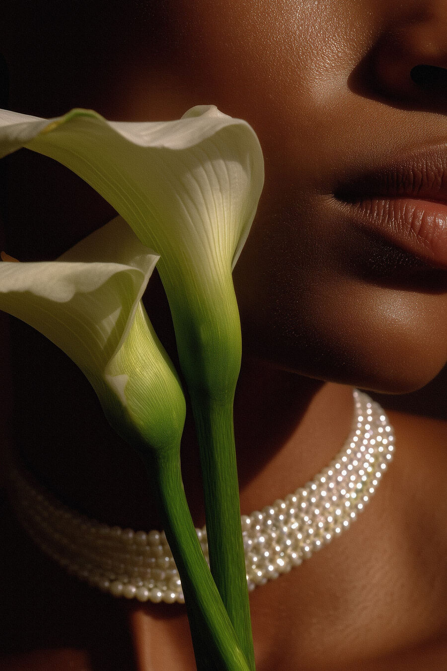 Witte kelk naast parelketting — volledig ontwerp