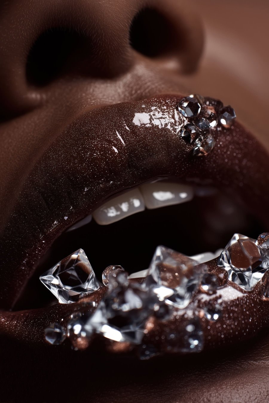 Close-up van glanzende lippen met doorzichtige kristallen — volledig ontwerp
