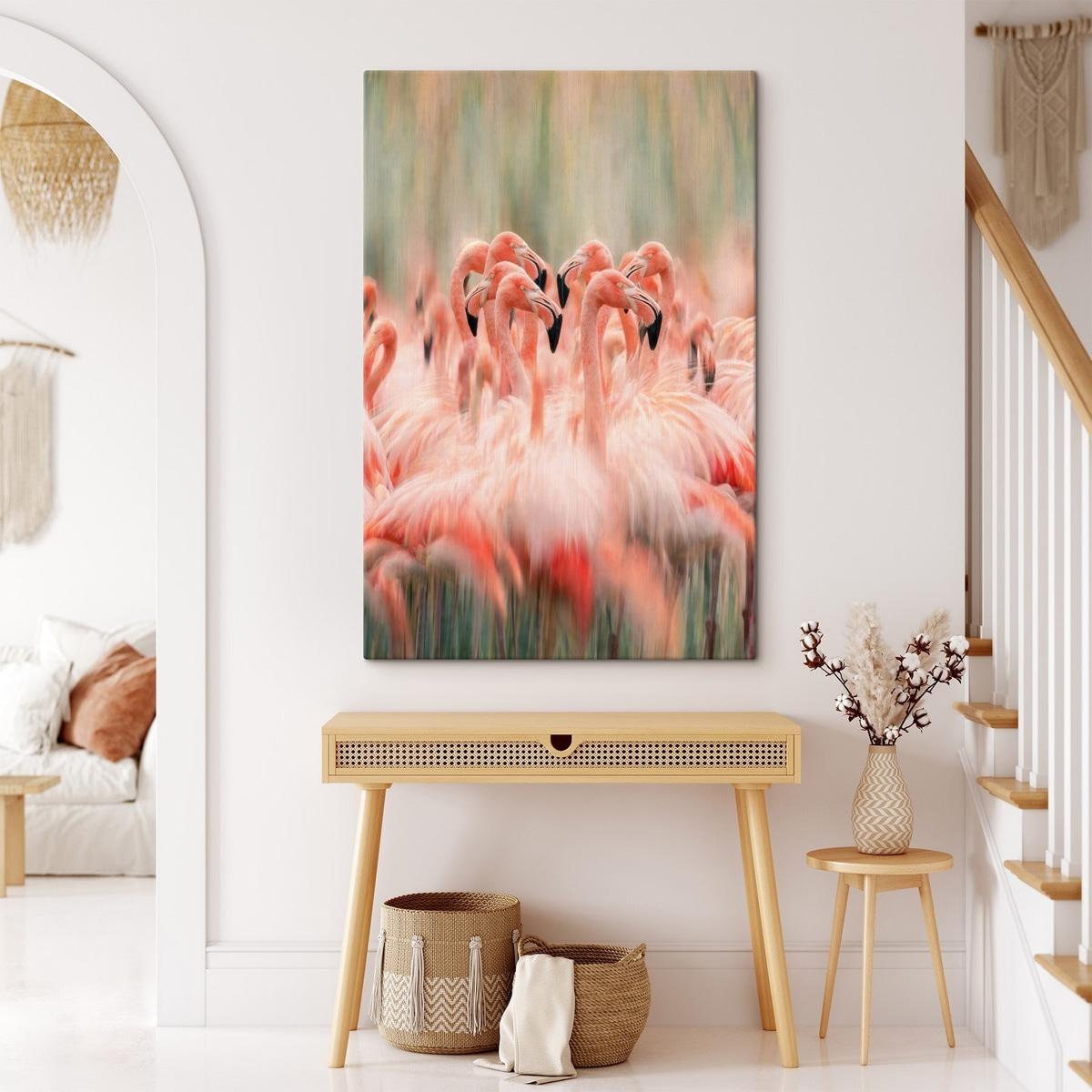Een zwerm roze flamingo’s met een artistiek vervagend effect in pastelkleuren — interieur 2