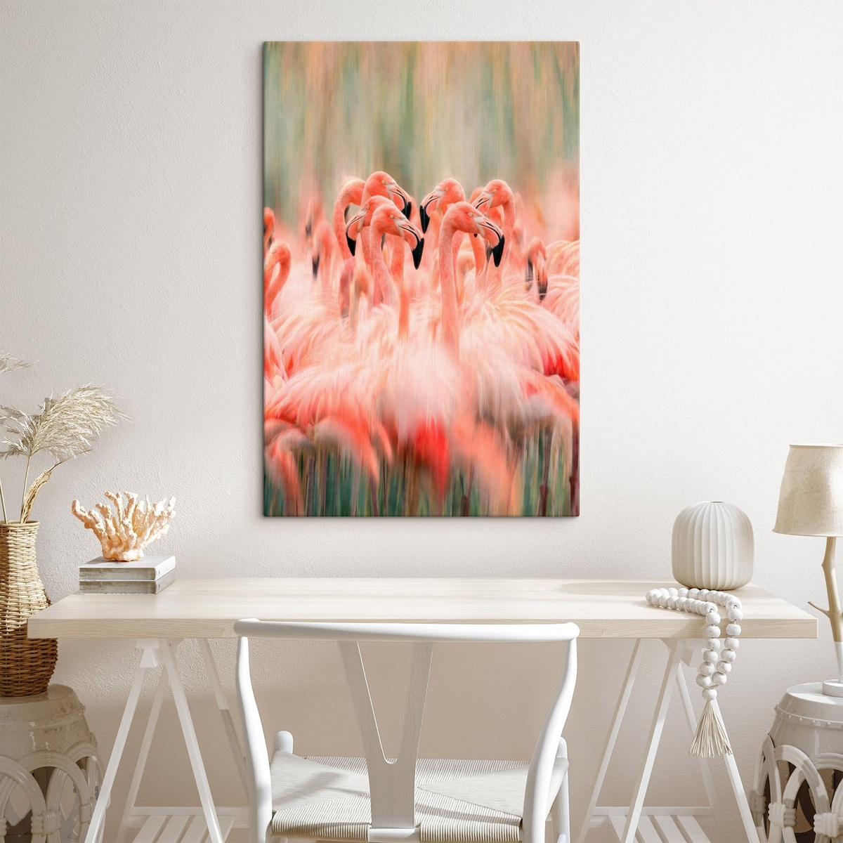 Een zwerm roze flamingo’s met een artistiek vervagend effect in pastelkleuren — interieur 3