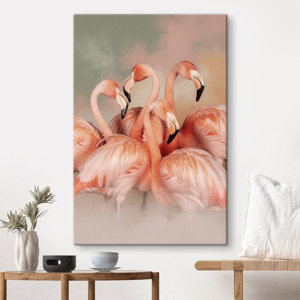 Roze flamingo’s in een waas van pasteltinten: een decoratieve compositie — interieur 1