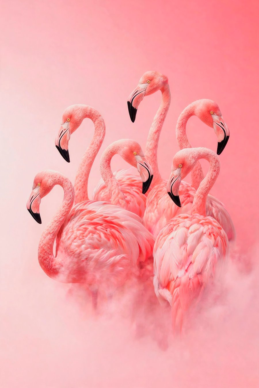 Roze flamingo’s in een lichte mist: een decoratief tafereel in zachte tinten — volledig ontwerp