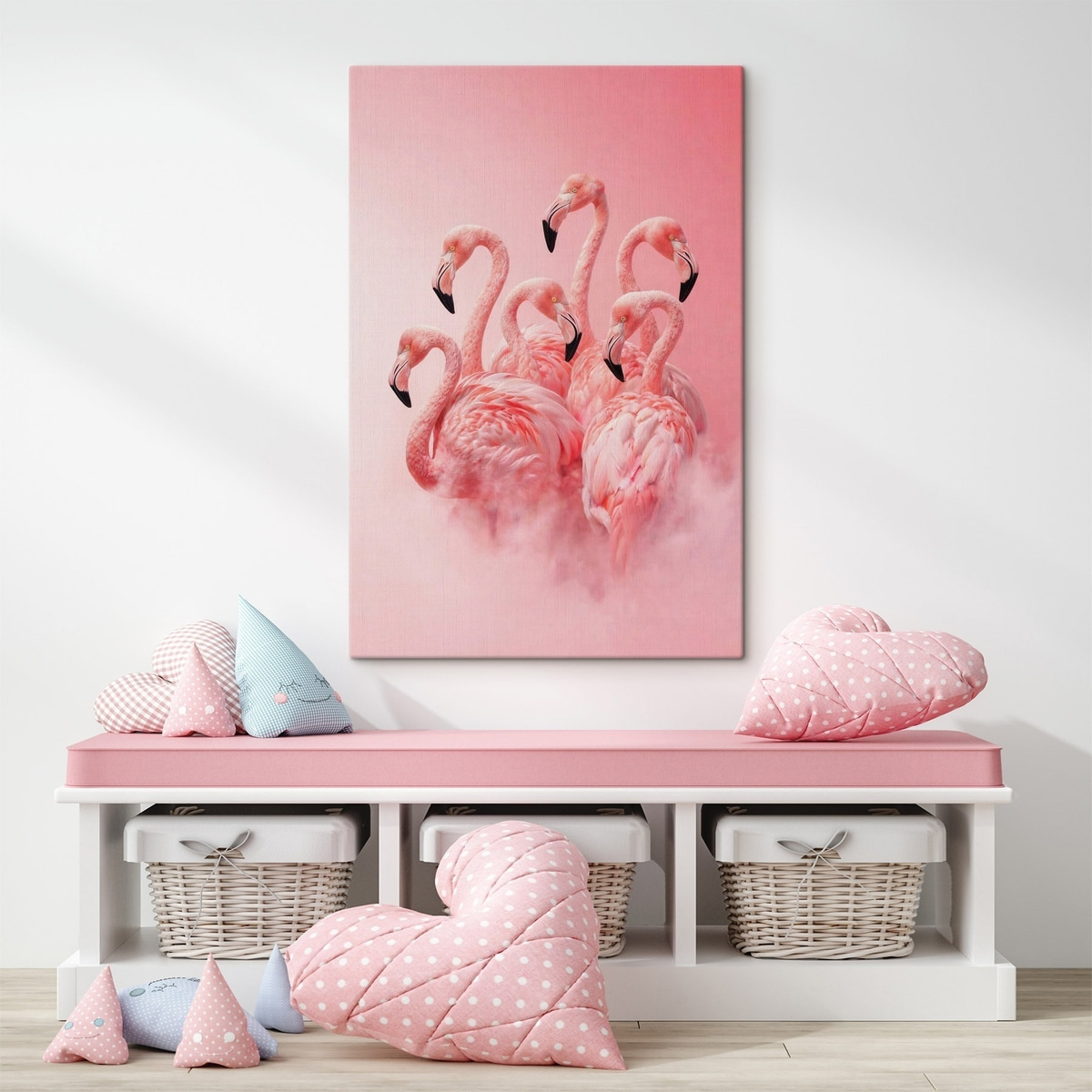 Roze flamingo’s in een lichte mist: een decoratief tafereel in zachte tinten — interieur 3