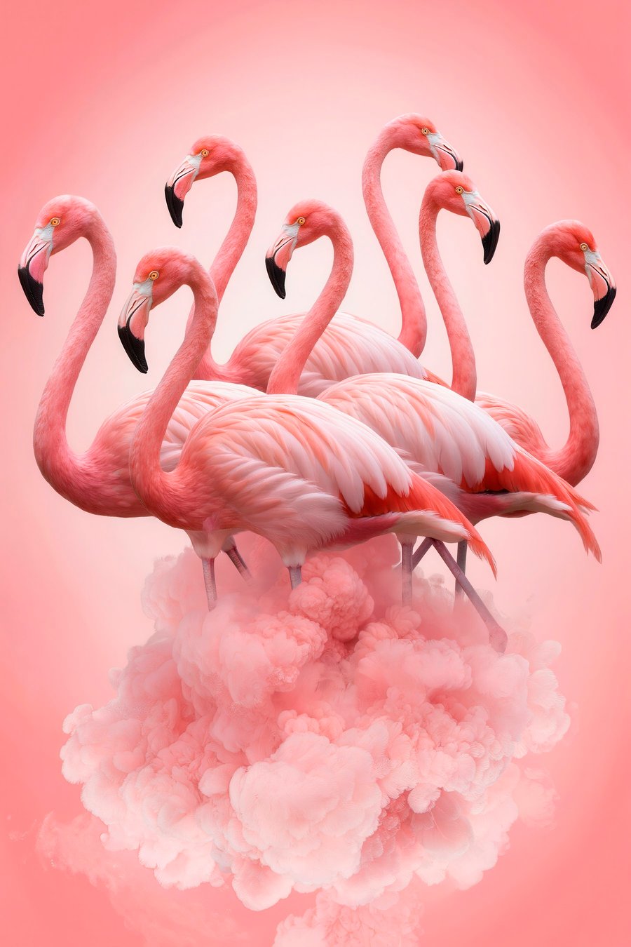 Een compositie van sierlijke flamingo’s boven een roze wolk in pastelkleuren — volledig ontwerp