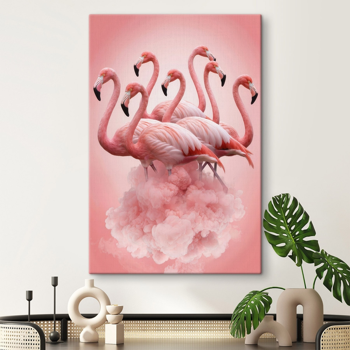 Een compositie van sierlijke flamingo’s boven een roze wolk in pastelkleuren — interieur 1