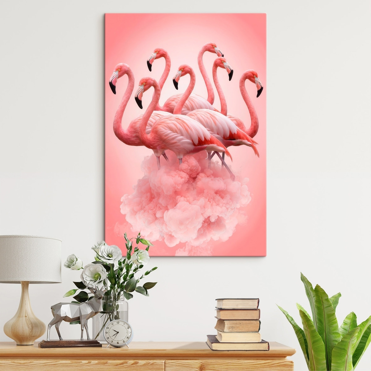 Een compositie van sierlijke flamingo’s boven een roze wolk in pastelkleuren — interieur 2